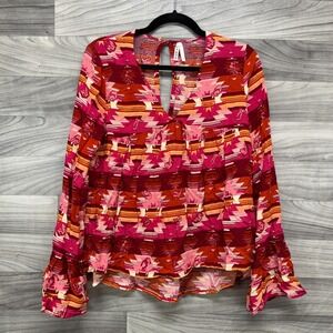Roper Blouse Women's Large Red Aztec Print 100% Rayon Long Sleeve V-Neck Top